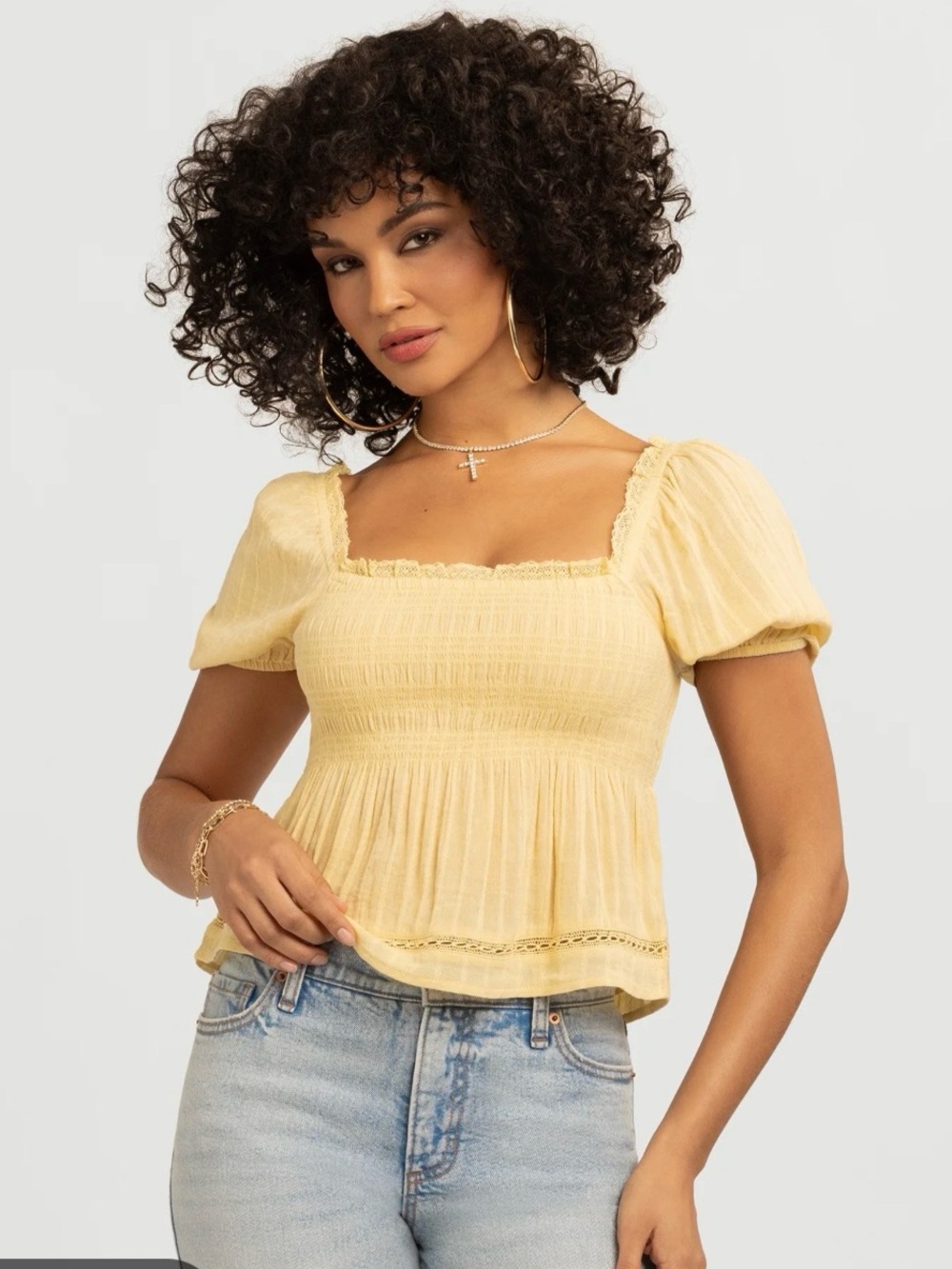 Jessica Simpson Smocked Square-Neck Peplum Top in Pale Yellow